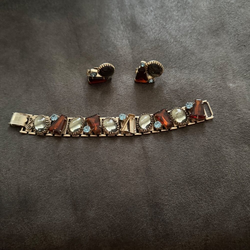 Vintage Gold-Tone Bracelet & Clip-On Earrings Set W/ Amber & Blue Rhinestones
